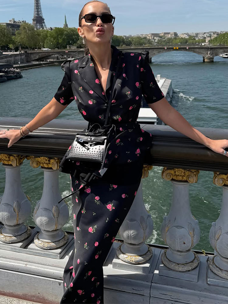 Romper Floral Print - Set Blazer Floral Rok Midi Wanita