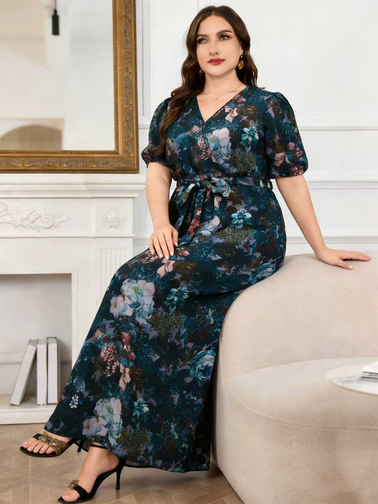 Romper Floral Print - Gaun Maxi Chiffon Panjang Model Bungkus