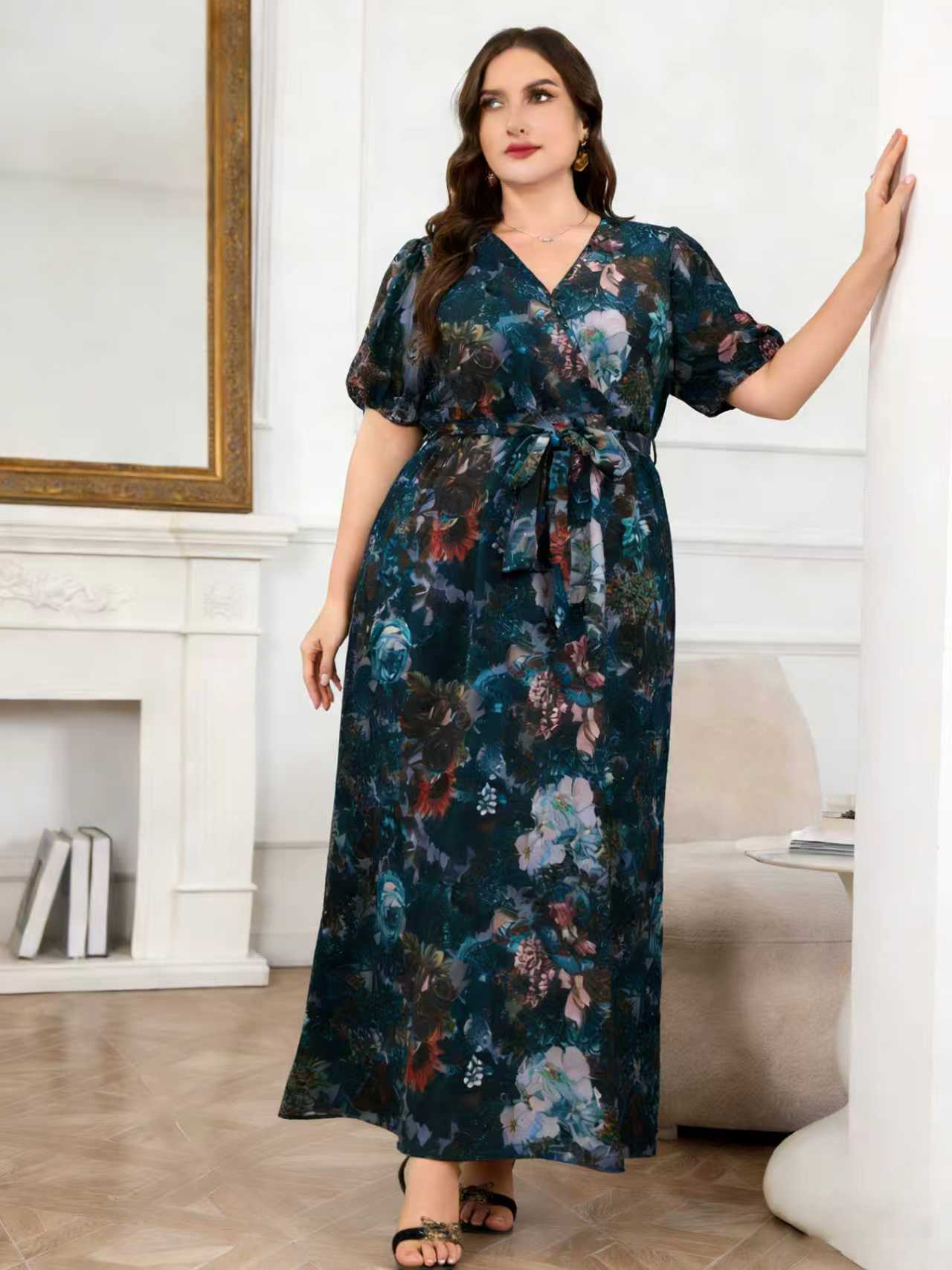 Gaun Maxi Chiffon Panjang Mode - Romper Floral Print ulasan dan harga