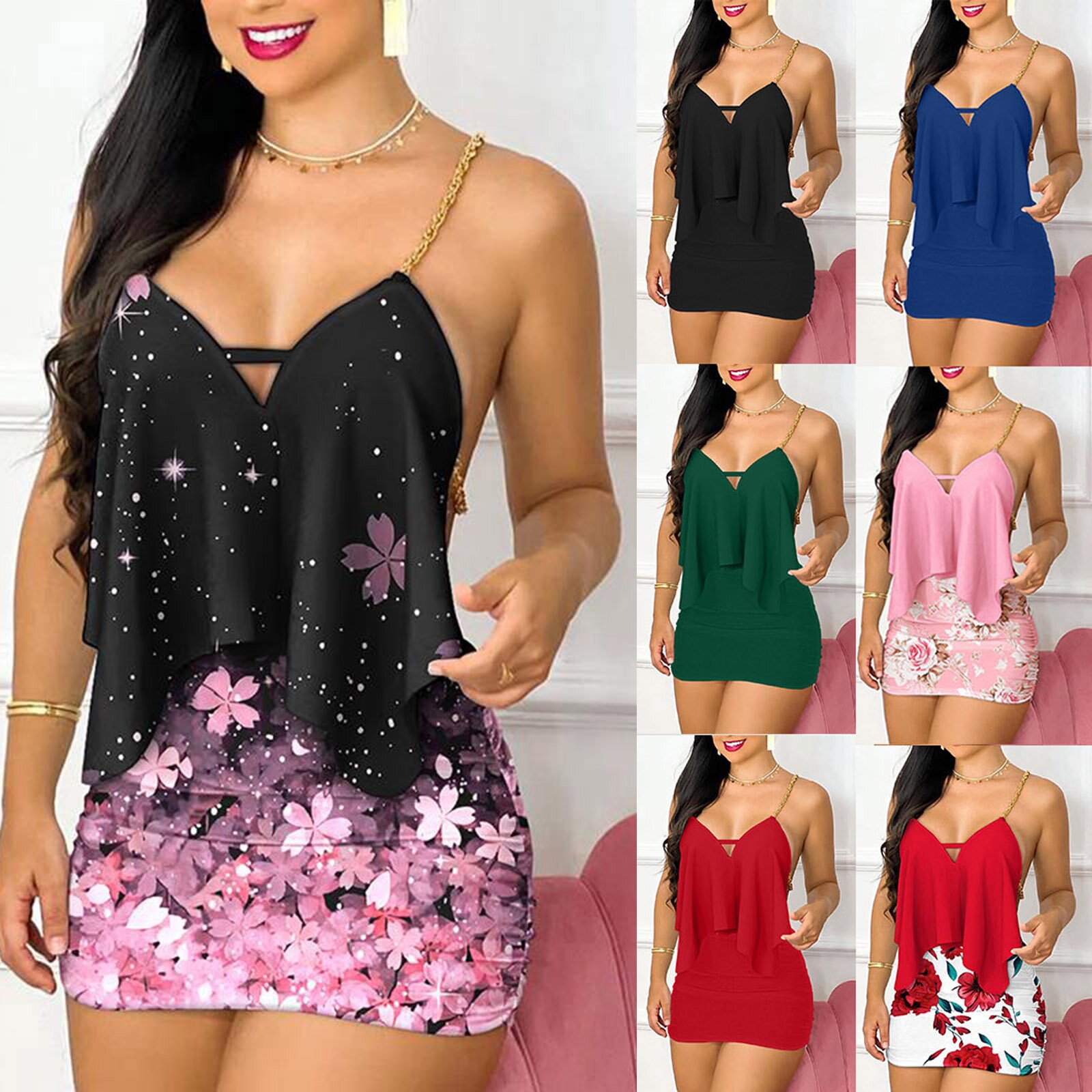 Gaun Wanita Set Gaun Mini Body - Romper Floral Print ulasan dan harga